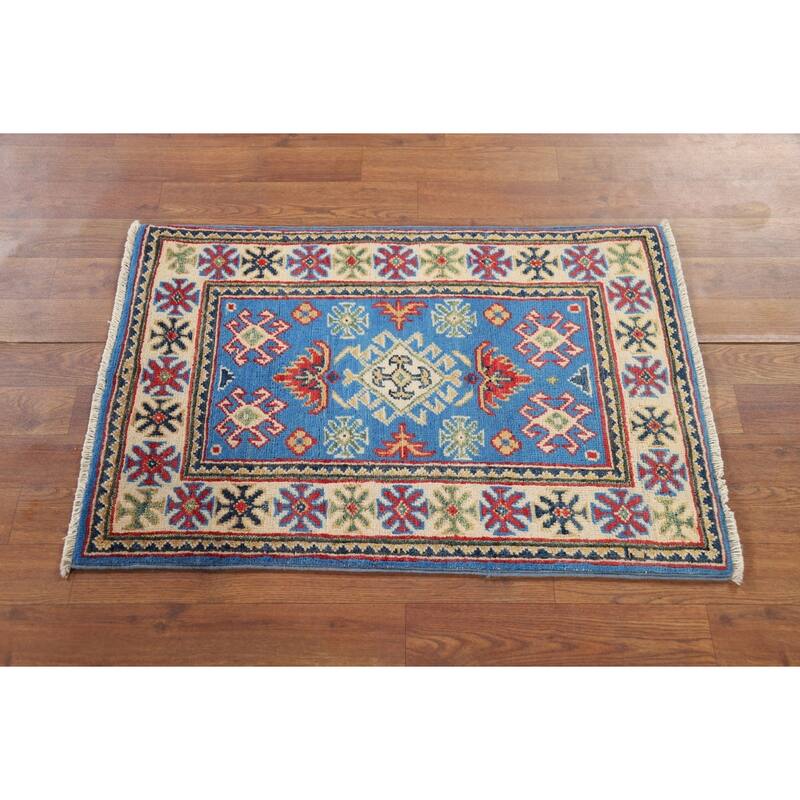 Blue Geometric Kazak Rug Hand-Knotted Oriental Wool Carpet - 2'0" x 2'11"