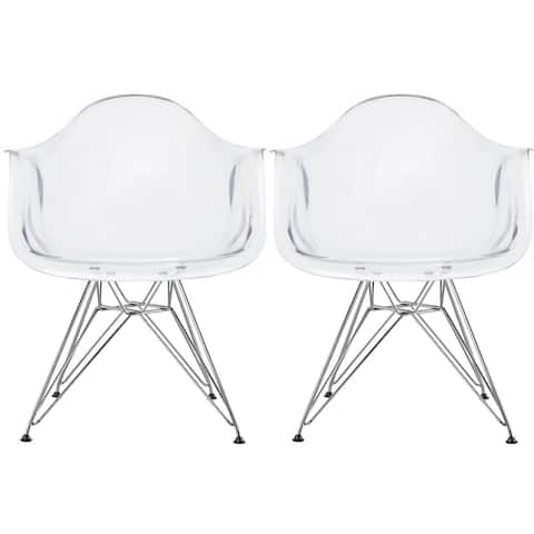 2xhome - Set of 2 Clear Modern Designer Acrylic Plastic Chair With Arms Armchairs Dining Silver Solid Chrome Office