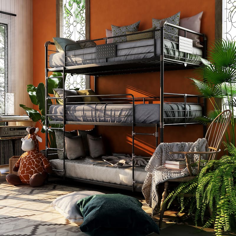 Gorz Industrial Black Twin Metal Slatted Triple Bunk Bed by Furniture of America - Antique Black