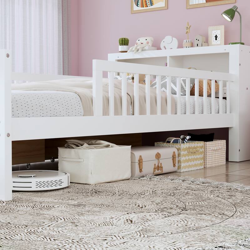 Twin Size Storage Bed with Bookcase Headboard, 2 Under-Bed Drawers, and Guardrails