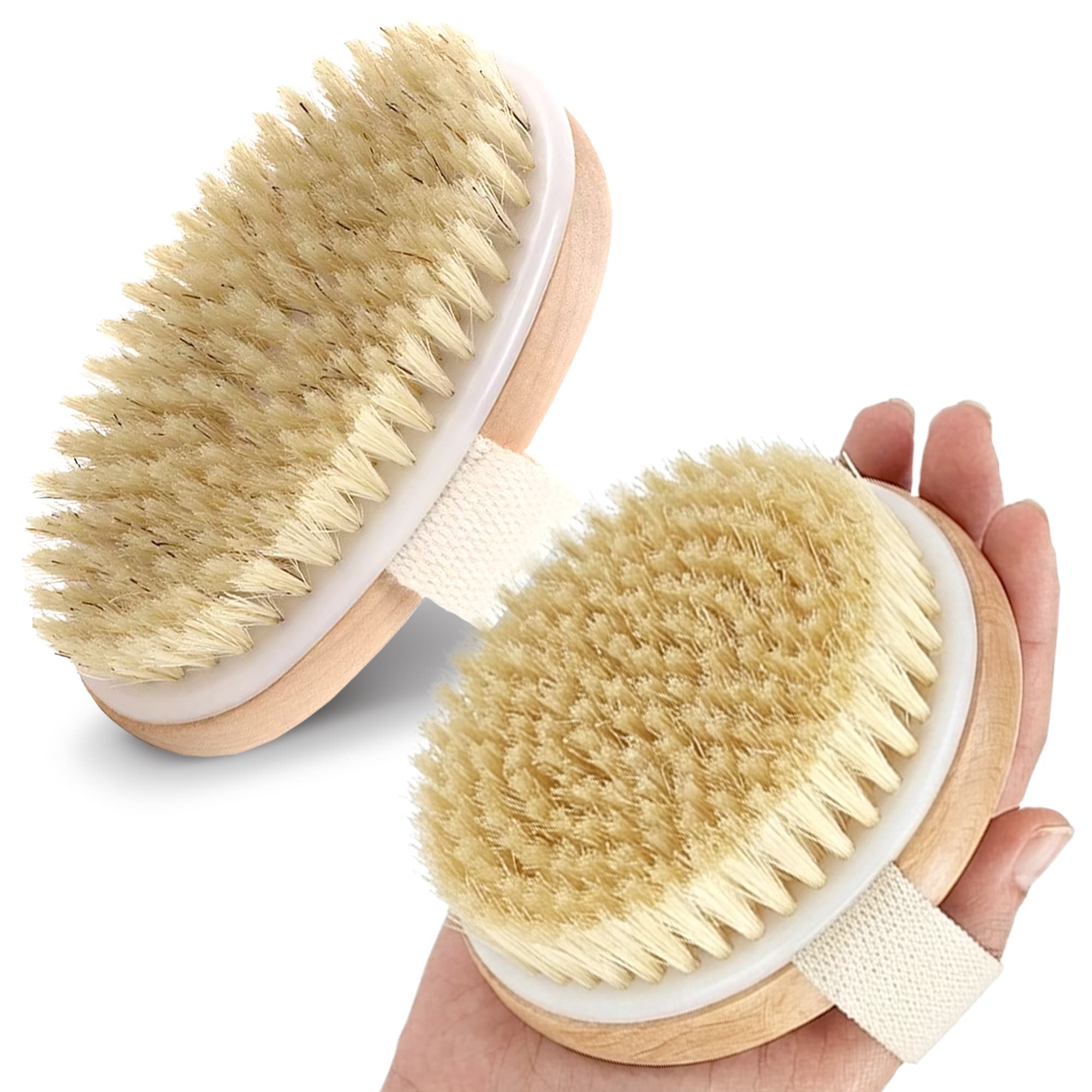 Cheer Collection Set of 2 Natural Bristle Body Brushes Round and Oval with Hand Strap for Wet or Dry Use