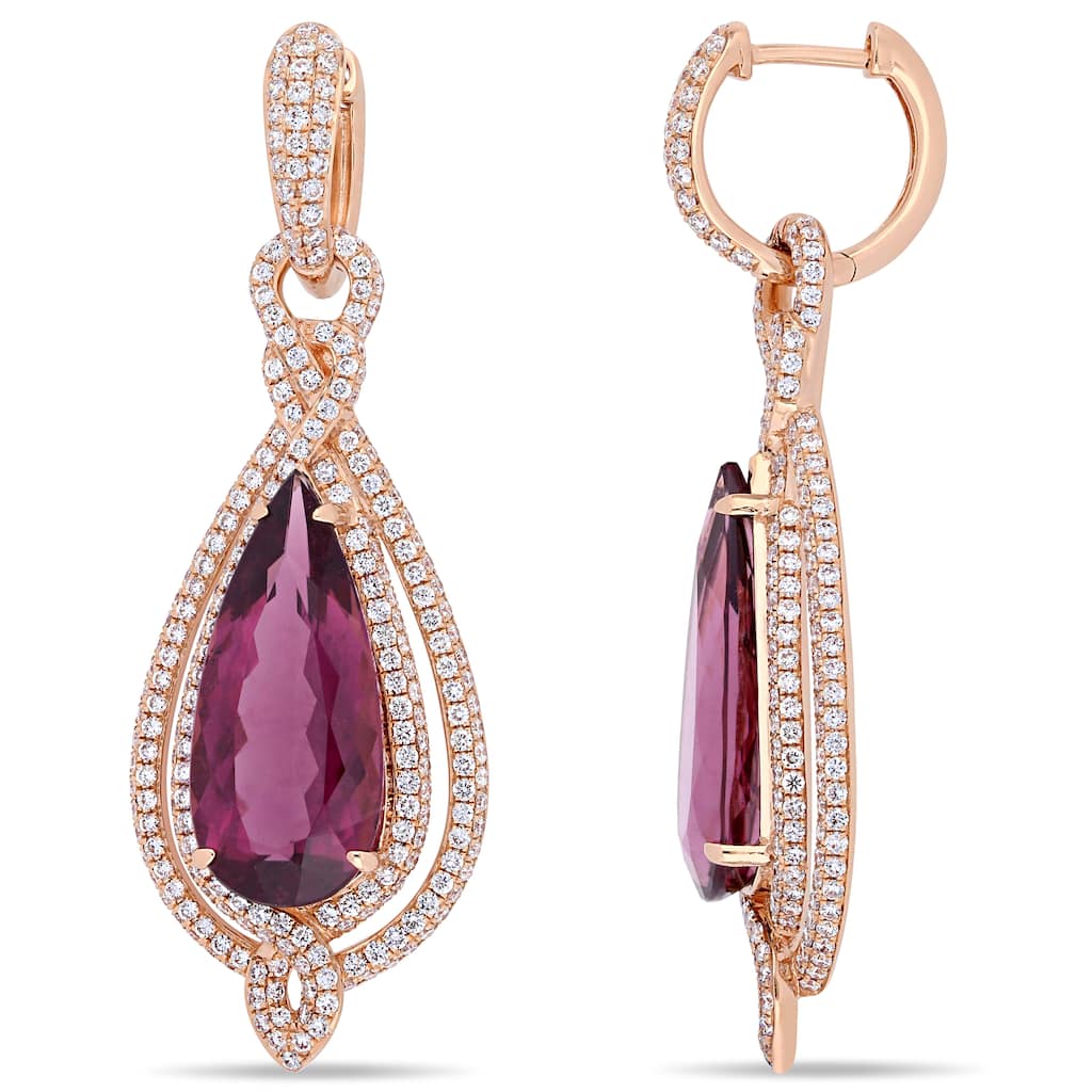 Miadora 15ct TGW Pear Shaped Rubelite and 2 3/4ct TDW Diamond Dangle Earrings 14k Rose Gold