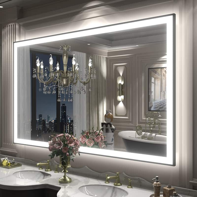 Front & Back LED Anti-Fog Tempered Glass Framed Bathroom/Vanity Mirror 3-Year Warranty - 60" x 36"-Square Corner - Black
