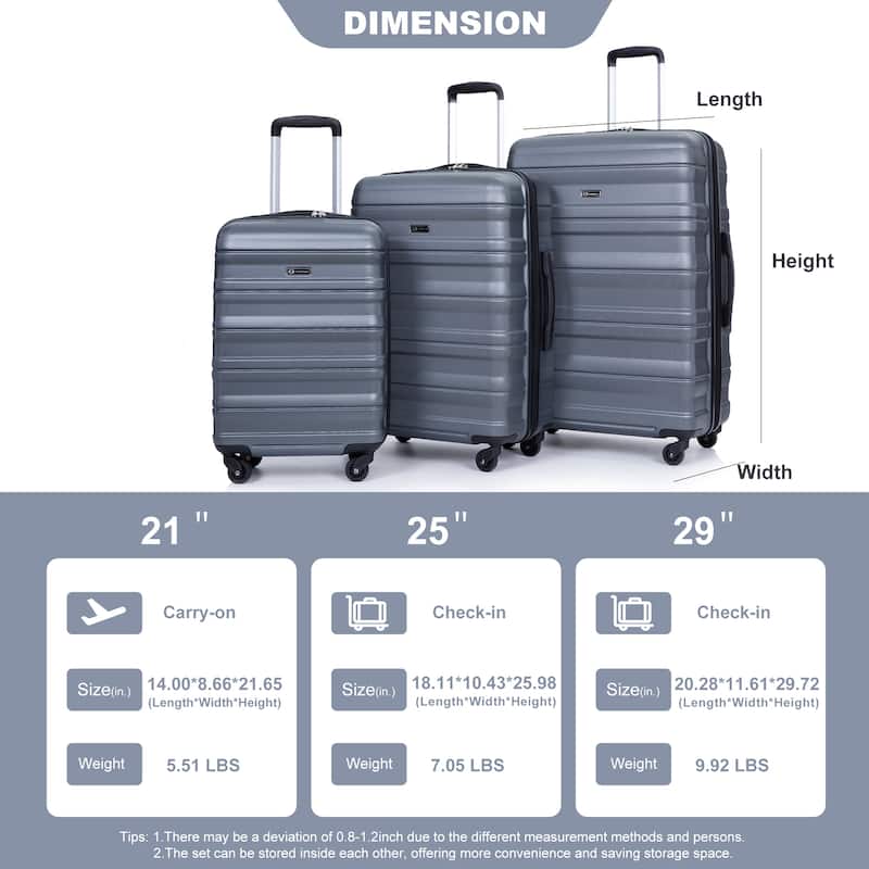 Expandable 3 Piece Luggage Sets PC Lightweight & Durable Suitcase with Two Hooks, Spinner Wheels, TSA Lock, (21/25/29)