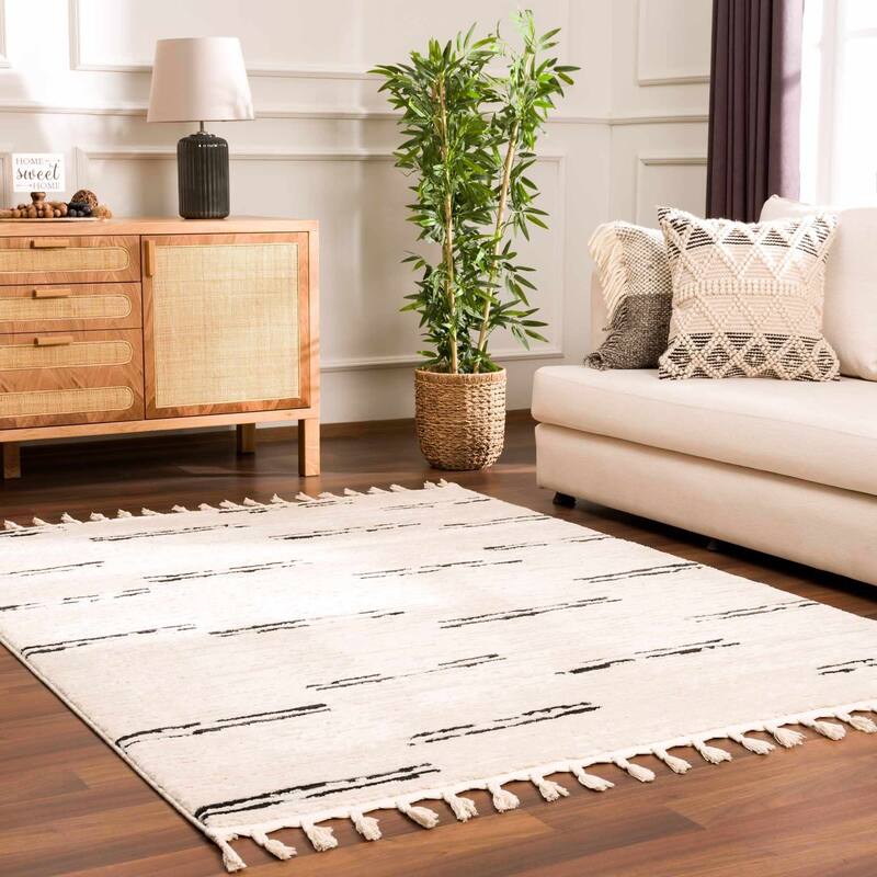 Hauteloom Azana Living Room, Bedroom Area Rug - Farmhouse - High Pile - Bone,Black - 5'3" x 7'