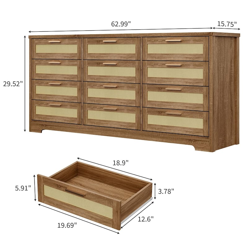 12 Drawer Dresser for Bedroom, Modern Farmhouse Rattan Chest of Drawers with Handles, Wood Dresser for Closet