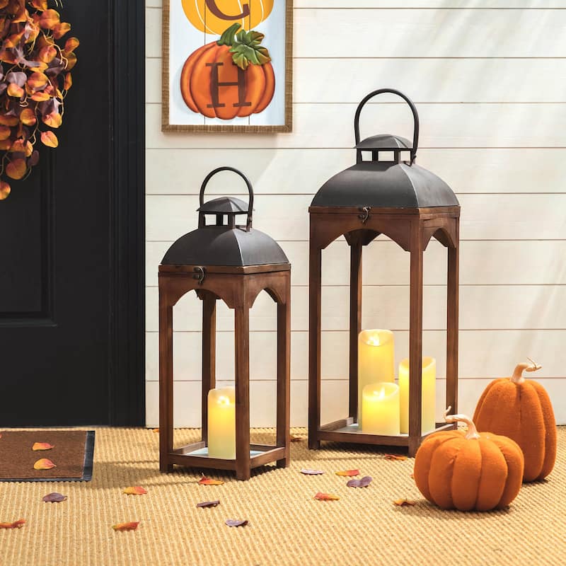 Glitzhome Set of 2 Farmhouse Church Style Hanging Candle Holders Wooden Lanterns Fall Wedding Decor - Natural