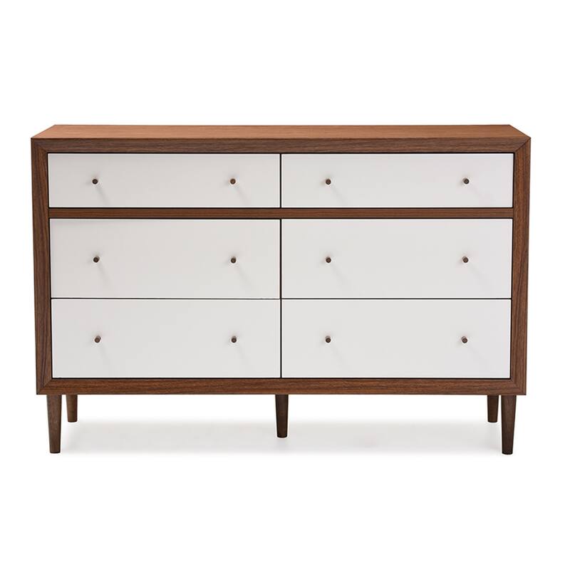 Modern 6-Drawer Dresser - 36" High Storage Chest - Walnut Brown & White Finish - Bedroom Furniture