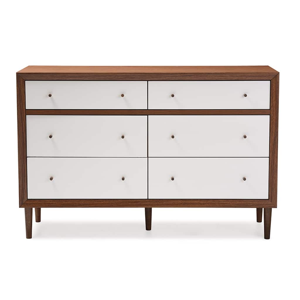 Modern 6-Drawer Dresser - 36" High Storage Chest - Walnut Brown & White Finish - Bedroom Furniture