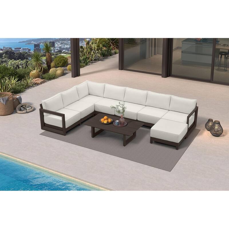 PURPLE LEAF Caesar white Sofas Sectionals 4-18 Piece with 9.6" Thick Cushion for Yard Porch Deck Outdoor Patio Conversation Sets - 7 Seats+1 Ottoman+1 Table - U-shaped