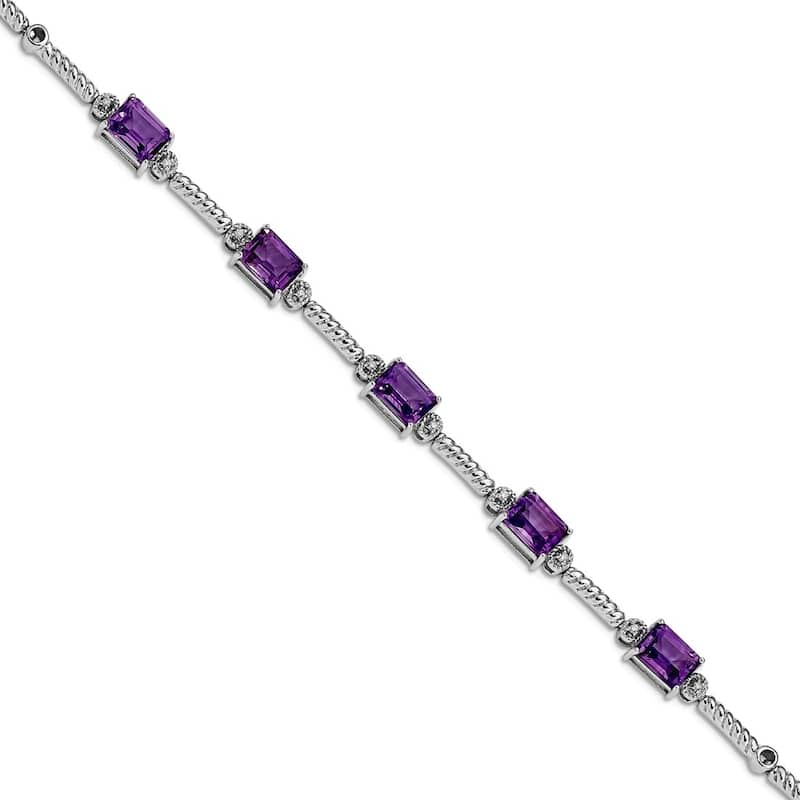 Curata 925 Sterling Silver 7.5" 5mm Emerald-cut Multi Gemstone and Diamond Cable Bracelet - Amethyst - White