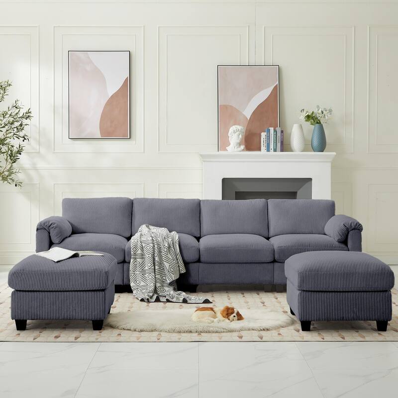 Corduroy Sectional Sofas with 2 Removable Ottomans, U-shaped Symmetrical 6-Seat Modular Couch