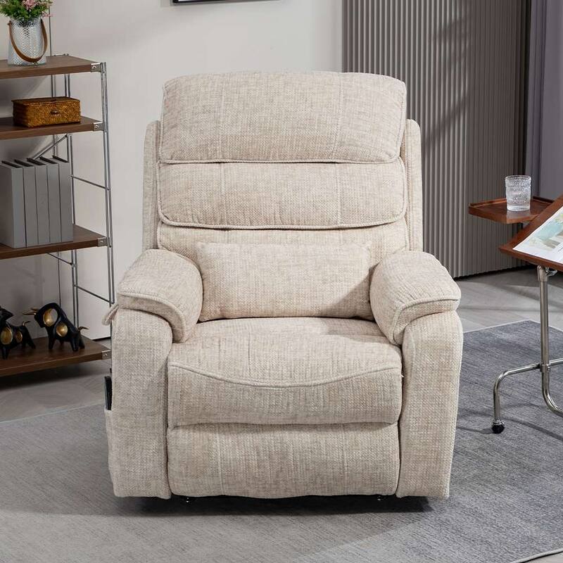Dual Motor Oversized 180° Lay Flat Chenille Power Lift Recliner Chair with Retractable Tray, Wireless Charge - Cream White