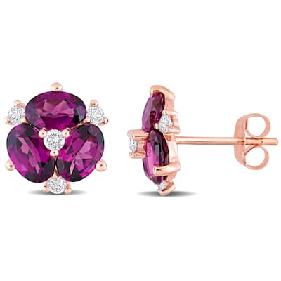 Miadora Oval-cut Rhodolite and 1/5ct TDW Diamond Floral Stud Earrings 14k Rose Gold