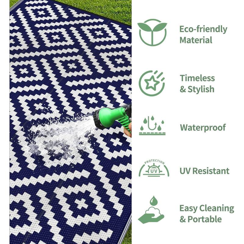 Reversible Charcoal Geometric Flat-Weave Recyclable Outdoor Rug