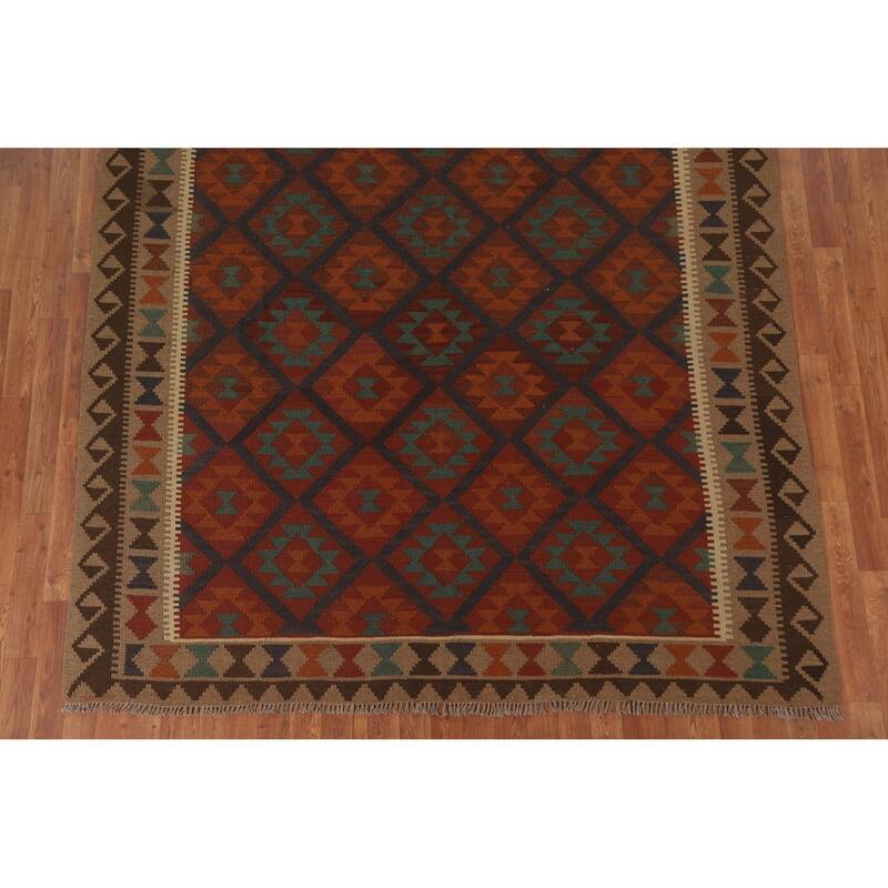 Hand Woven Oriental 100% Wool Carpet Southwestern Geometric Multi-Colored Kilim Area Rug - 9' 4'' X 6' 9''