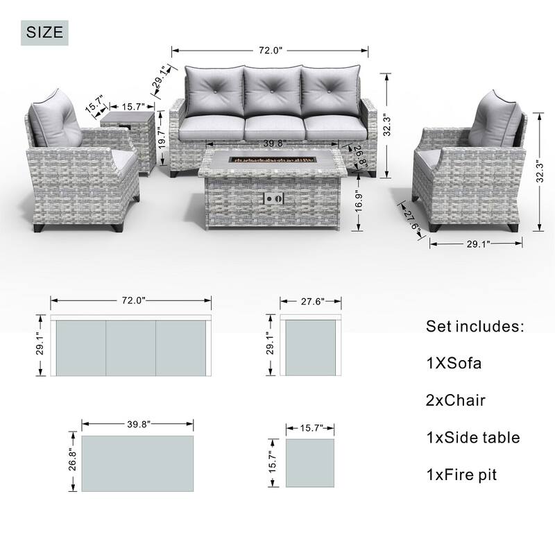 Abrihome 5-piece Wicker Patio Garden Furniture Sofa Set with Gas Fire Pit
