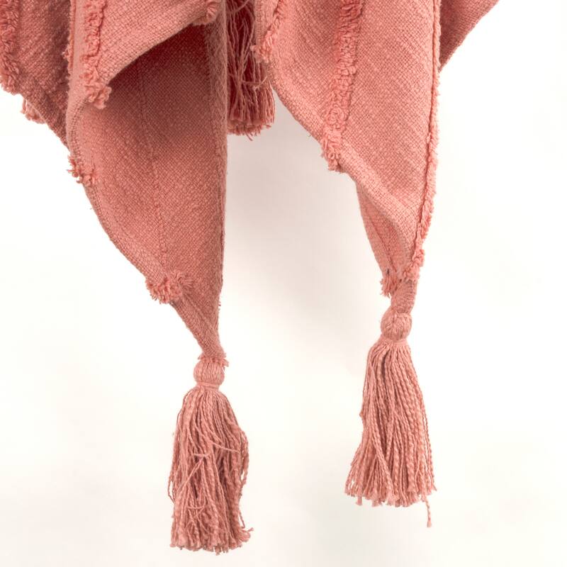 HomeRoots 50" X 60" Coral Cotton Woven Geometric Throw Blanket with Tassels