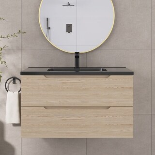 Floating Bathroom Vanity in Evita Oak with Integrated Quartz Sand Top