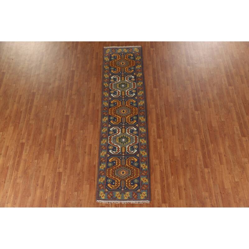 Blue Geometric Kazak Indian Runner Rug Handmade Wool Carpet - 2'7"x 9'9"