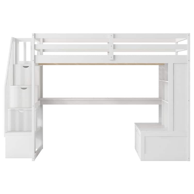 Full Size Loft Bed with Desk and Shelves, Two Built-in Drawers and Storage Staircase