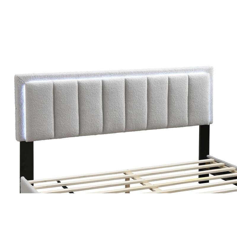 Queen Size Light Gray Wool Fabric Upholstered Bed with LED Headboard and Channel Tufting