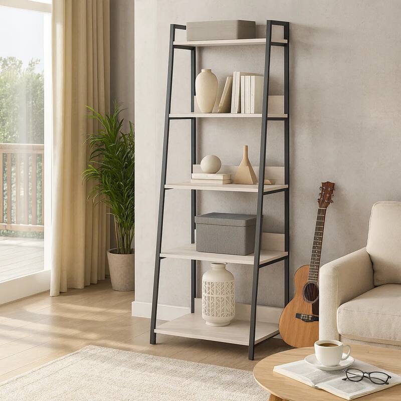 Wooden Bookshelf with 5 Open Compartments, Washed White and Black