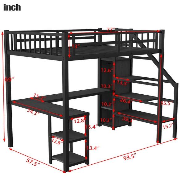 Ful Size Metal Loft Bed with Wardrobe, LED Light, L Shaped Desk and USB for Kids Teens Adults