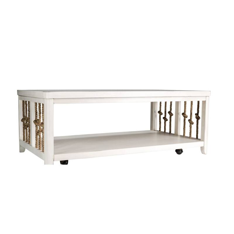 Dockside White Cocktail Table for Living Room Coastal Rope Accents