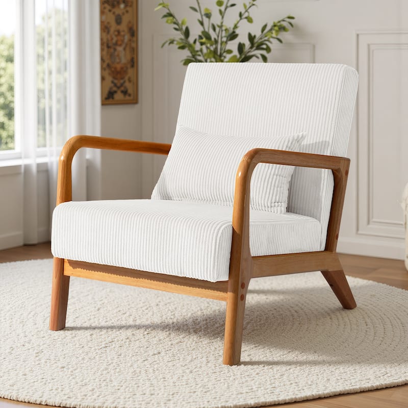 Uixe Mid Century Solid Wood Upholstered Corduroy Accent Chair - Beige
