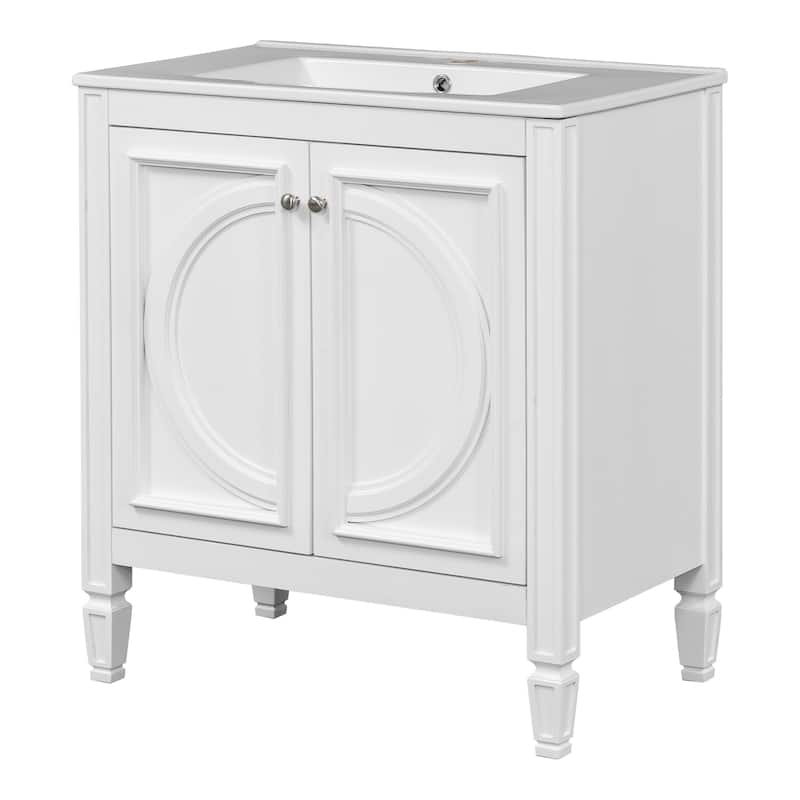 Green 30-Inch Freestanding Vanity with Ceramic Sink, Soft-Close Doors, Adjustable Shelf, and Retro Legs