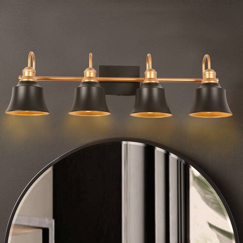 Farmhouse Rustic Black Metal 4-light Bathroom Vanity Light with Bell Metal Shade - L 31" x W 7.5" x H 9"