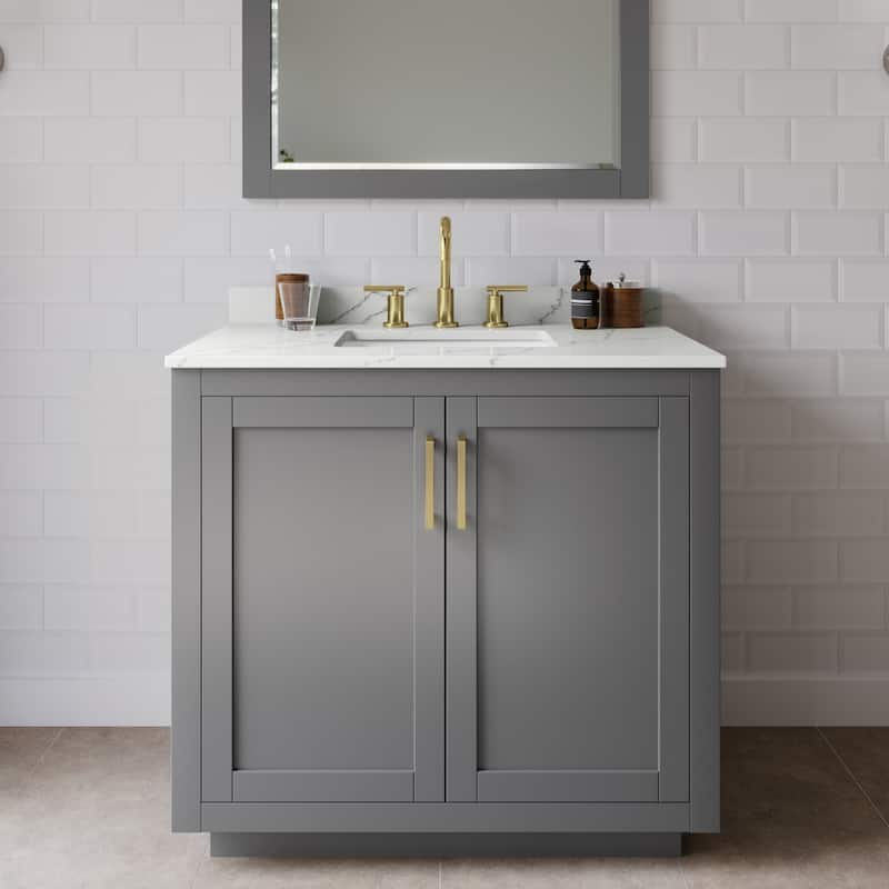 Wyndham Collection WCF292936S-QTZ-US3M34 Miranda 36" Free Standing - Dark Gray / Giotto Quartz Top / Brushed Gold
