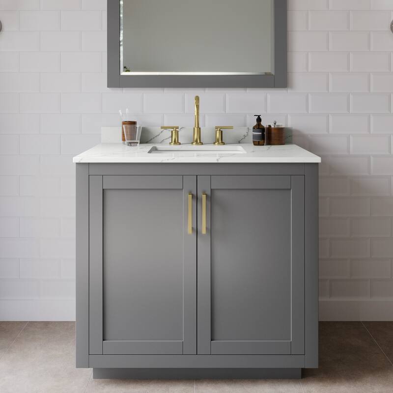 Wyndham Collection WCF292936S-QTZ-US3MXX Miranda 36" Free Standing - Dark Gray / Giotto Quartz Top / Brushed Gold