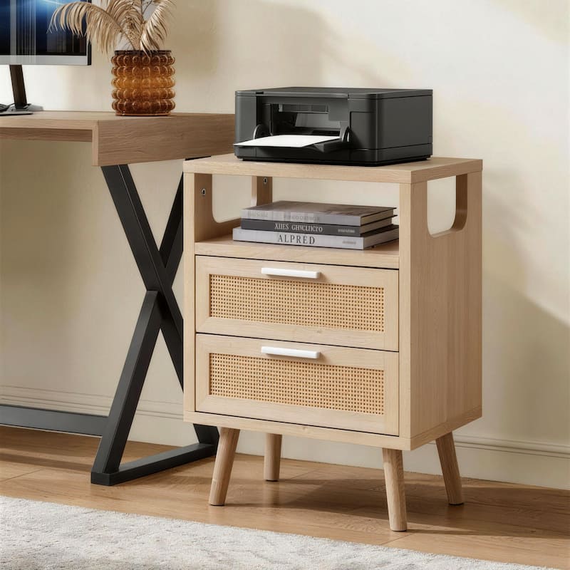 Set of 2 with 2 Drawers, 15.4" Modern Storage Bedside Table with Golden Metal Handles, Wooden End Table for Bedroom