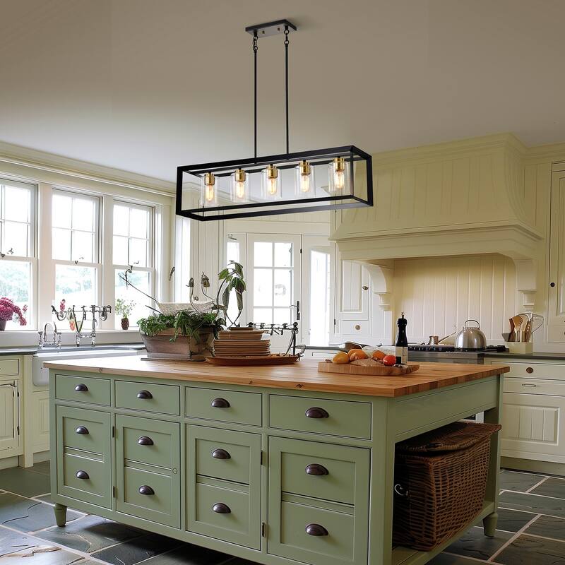 5-Light Matte Black and Gold Rectangular Kitchen Island Light with Glass Shades