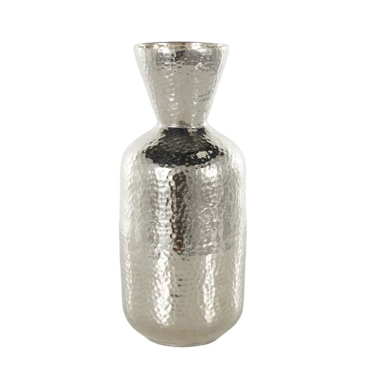 Silver Aluminum Metal Hammered Decorative Vase with Cone Shaped Opening