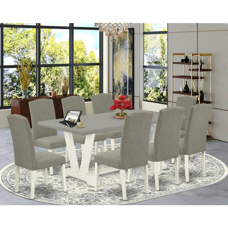 East West Furniture Dining Table Set- a Dining Table and Dark Shitake Linen Fabric Chairs, Linen White(Pieces Options) - V097EN206-9