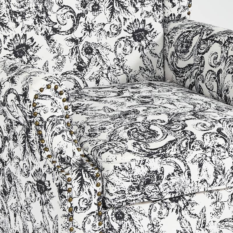 Traditional Floral Patterned Wingback Armchair with Nailhead Trim