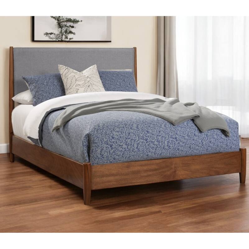HomeRoots Brown and Gray Solid Wood And Linen King Bed Frame - King