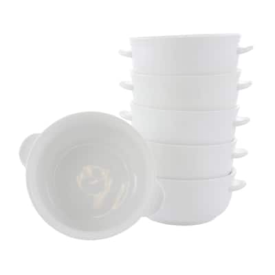 6 Piece 5.5 Inch Porcelain Double Handle Bistro Bowls in White