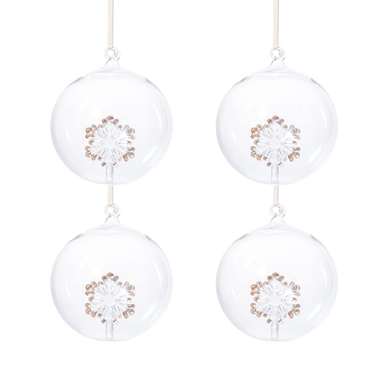 Clear 4.75" Glass Ball Christmas Ornaments with Holiday Snowflake Motif, 4-Piece Set