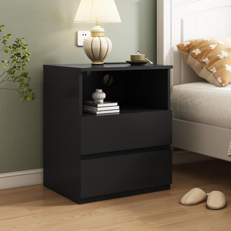 Nightstand with Charging Station, Sofa Side Table with Open Shelves & 2 Drawers, Large Capacity Wood Storage Cabinet