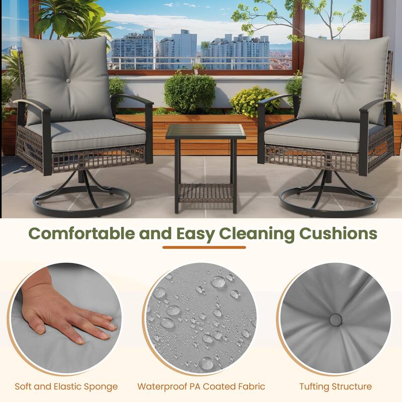 Outdoor Swivel Rocker Patio Chairs Set of 2 with Coffee Table &Cushions, Rattan Bistro Set for Porch, Backyard, Balcony