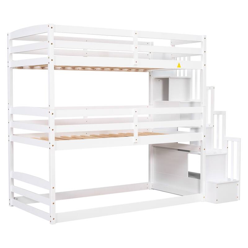 Triple Bunk Bed with Storage Stairs, Twin Size, White, Separate Design