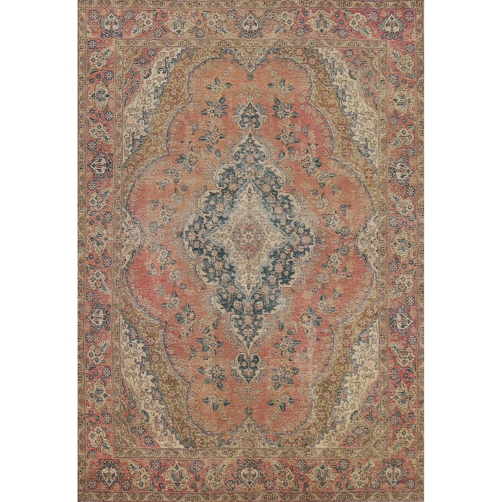Medallion Tabriz Persian Vintage Rug Hand-Knotted Orange Wool Carpet - 7'9"x 10'7"