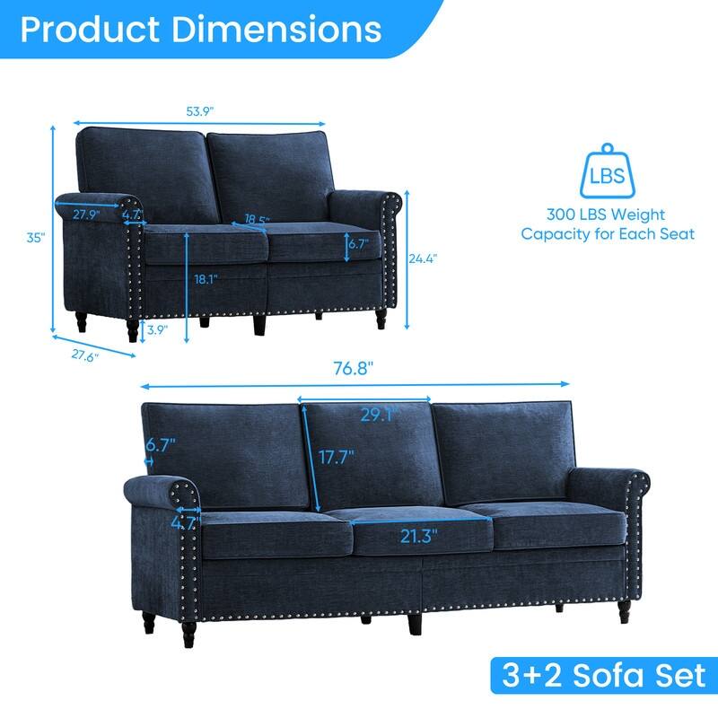 Mixoy 2 Piece Living Room Sofa Set with Riveted Design,Chenille Nailhead W76''3-Seater Sofa Couch with W53''Loveseat Sofa