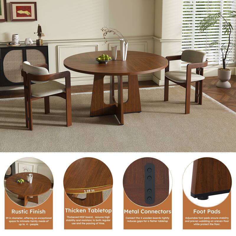 Round Wood Dining Table, Kitchen Table with X-Cross Base, Home Office Table with Adjustable Foot Pads