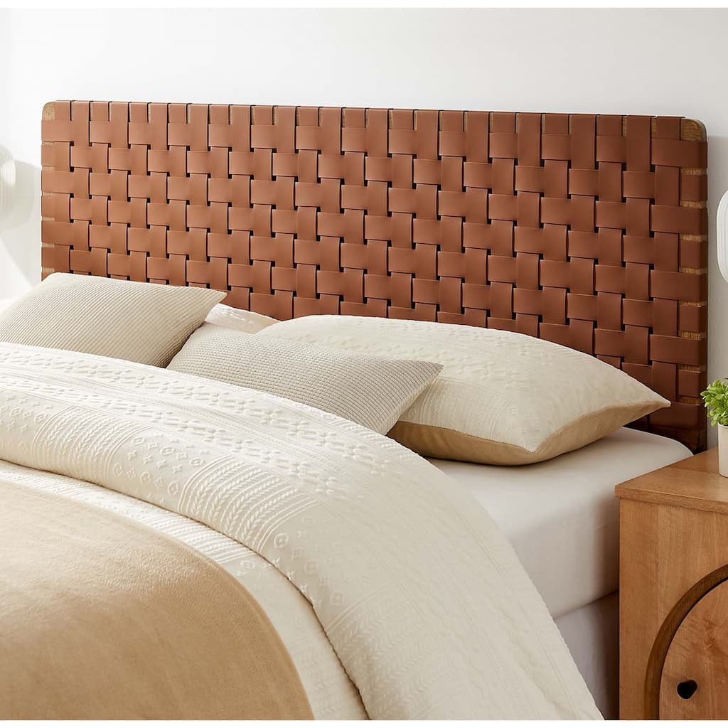 Ditmas Solid Wooden Brown Leather Basket Weaved Queen Size Headboard