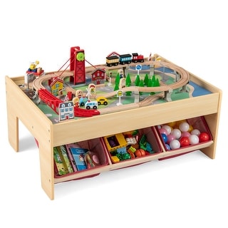 Gymax 94 PCS Wooden Train Set Table w/Reversible Tabletops 3 Storage